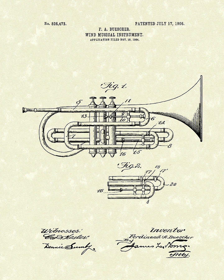 Music Drawing - Brass Musical Instrument 1906 Patent by Prior Art Design