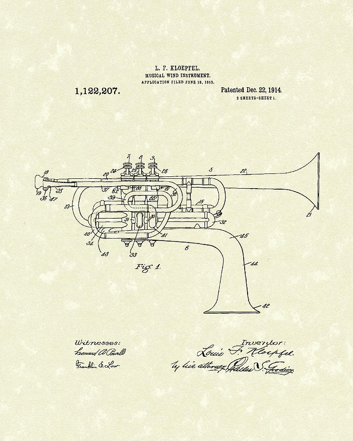 Music Drawing - Brass Musical Instrument 1914 Patent by Prior Art Design