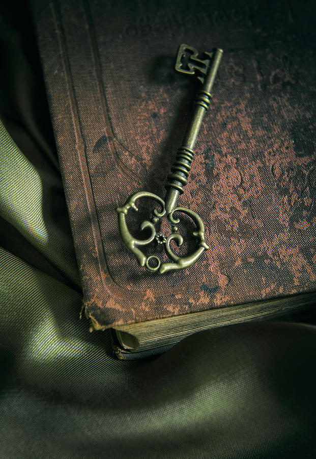 Still Life Photograph - Brass ornamented key on old brown book by Jaroslaw Blaminsky