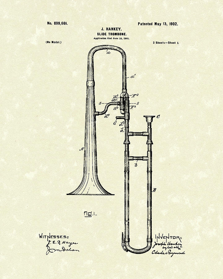 Music Drawing - Brass Trombone Musical Instrument 1902 Patent by Prior Art Design
