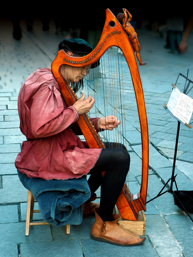 Music Photograph - Bratislava Busker Harpist by C H Apperson