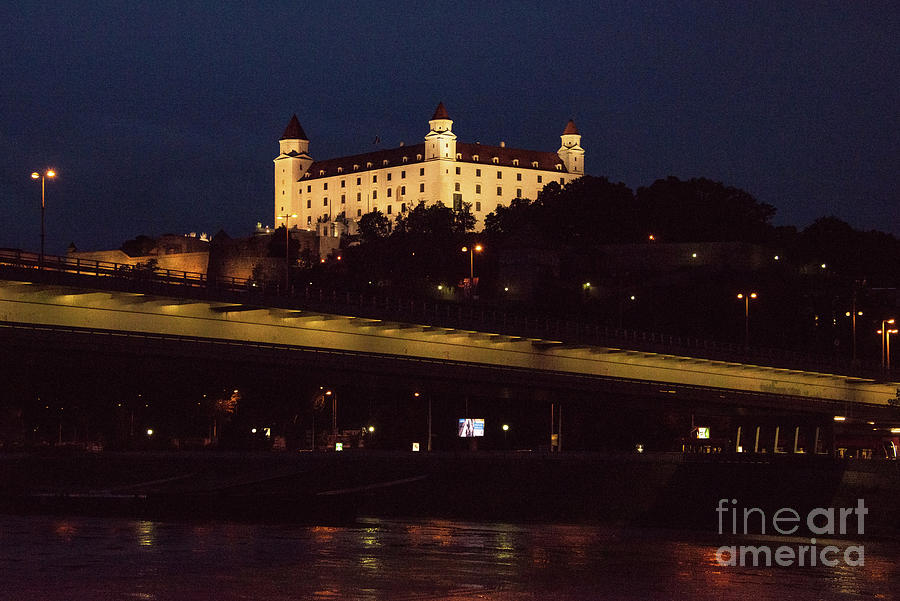 Bratislava Castle and New Bridge After Dark Photograph by Bob Phillips