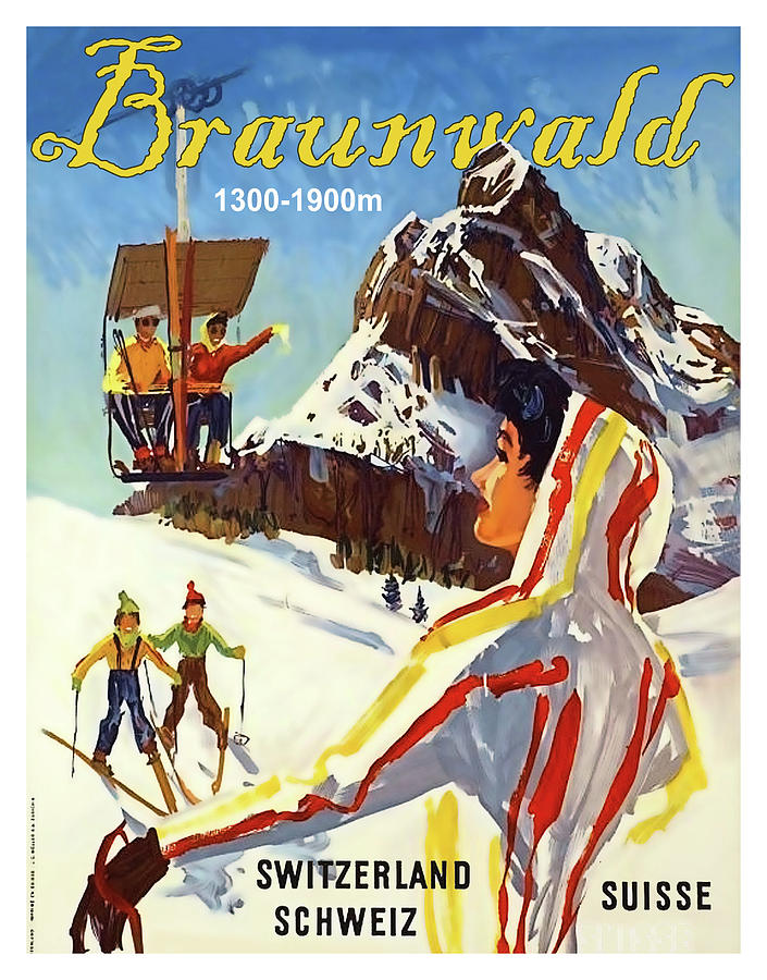 Winter Painting - Braunwald, winter ski sport, Switzerland, travel poster by Long Shot
