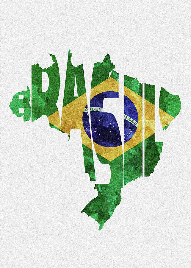 Typography Digital Art - Brazil Typographic Map Flag by Inspirowl Design
