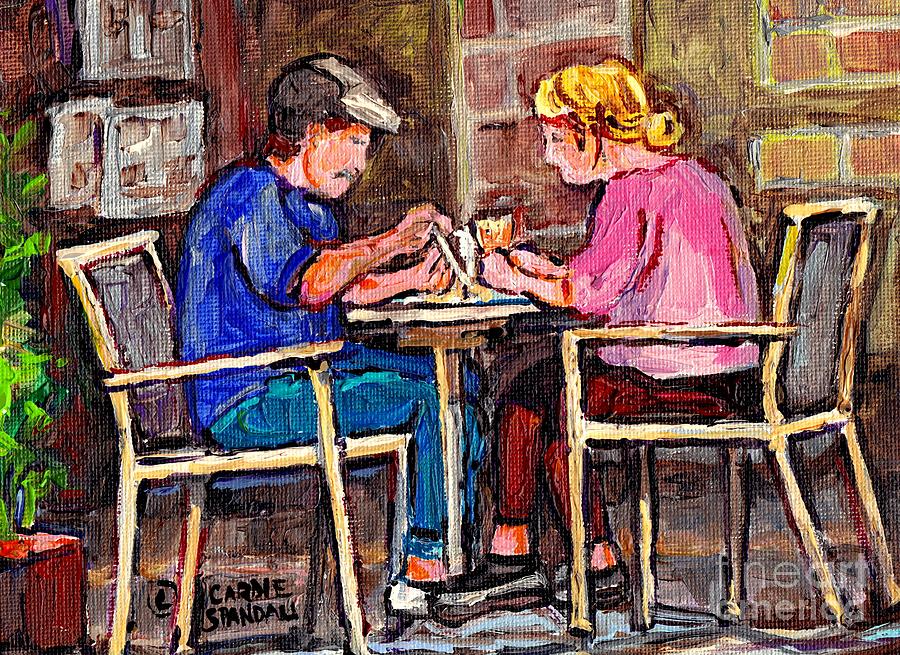 Breakfast At The Bistro Paris Style Cafe Original Quebec Art Carole Spandau Painting by Carole Spandau