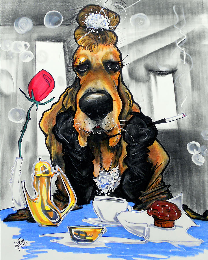 Dog Caricature Drawing - Breakfast At Tiffanys Basset Hound Caricature Art Print by John LaFree