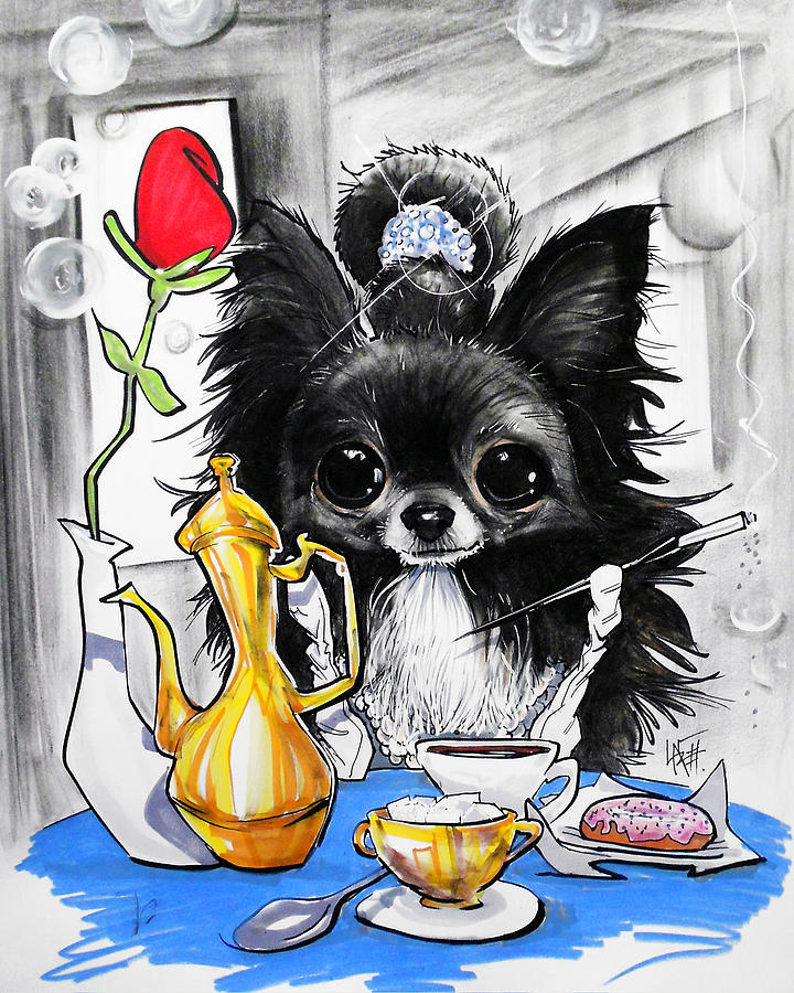Dog Caricature Drawing - Breakfast At Tiffanys Papillon Caricature Art Print by John LaFree