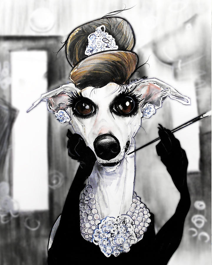 Dog Caricature Drawing - Breakfast At Tiffanys Whippet Caricature by John LaFree