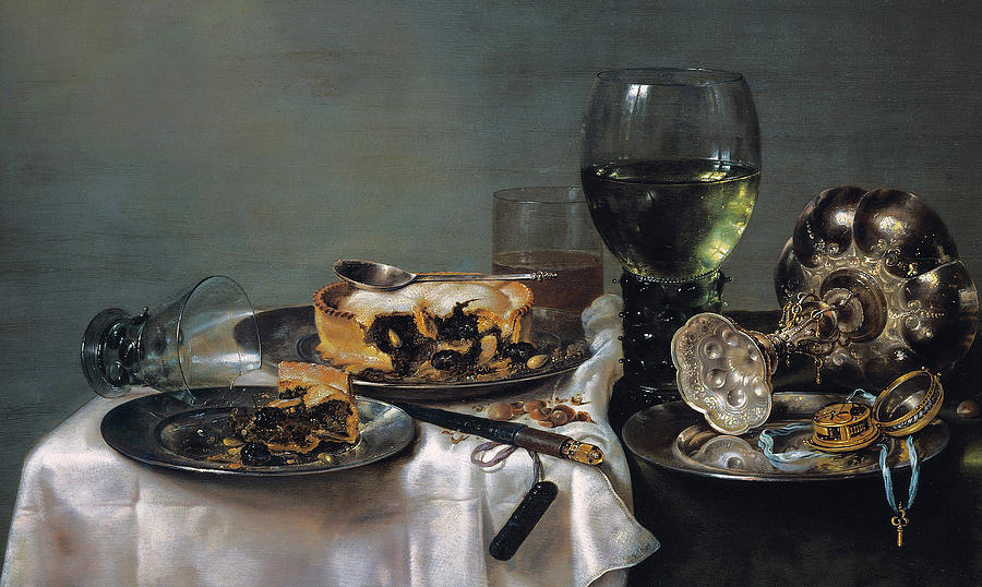 Breakfast Table With Blackberry Pie Painting by Willem Claeszoon Heda