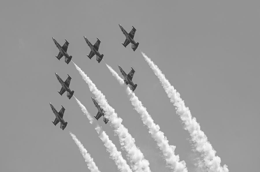 Breitling Jet Team  - Black and White Photograph by Susan McMenamin