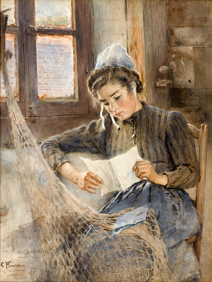Breton Girl reading a Letter Drawing by Konstantin Makovsky