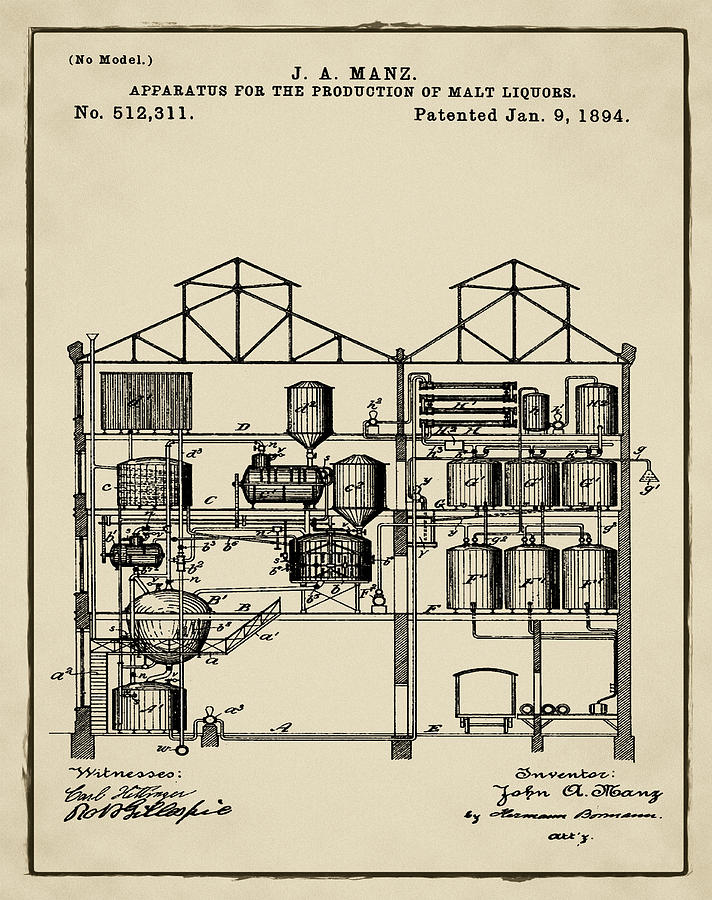 Brewing Malt Liquors Patent 1894 in Sepia Digital Art by Bill Cannon