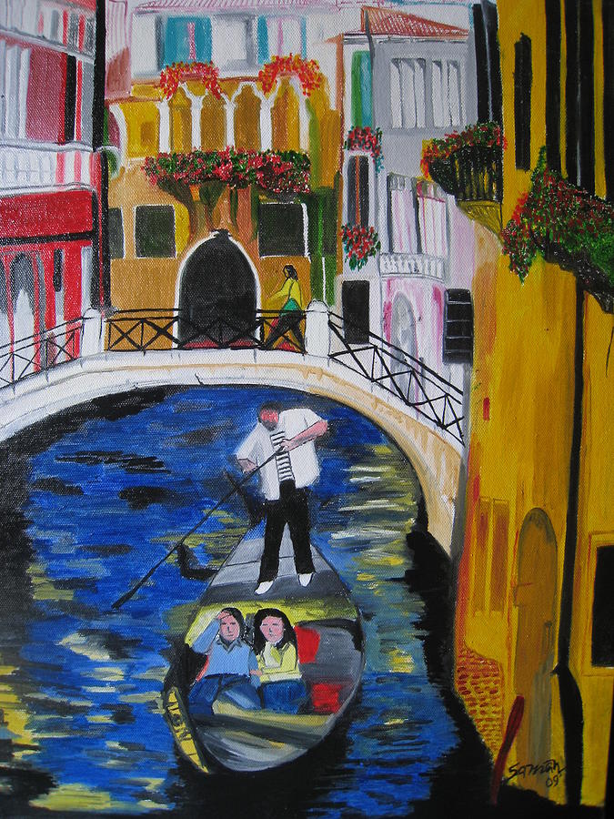 Landscape Painting - Bridge and canal in venice by Saman Khan