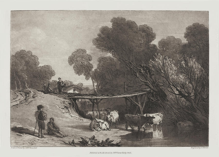 Joseph Mallord William Turner Painting - Bridge and Cows by Joseph Mallord William Turner and Charles Turner