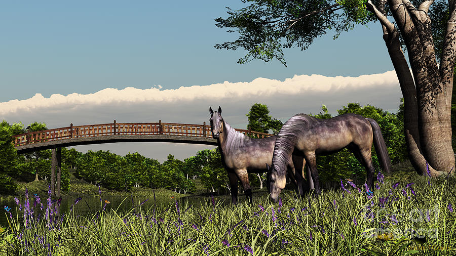 Bridge and Two Horses Digital Art by Walter Colvin