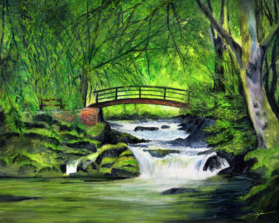 Bridge and waterfall Drawing by Dale Jackson