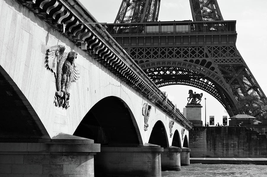 Bridge Arches and Imperial Eagles on Pont dIena below Eiffel Tower Paris France Black and White Photograph by Shawn OBrien
