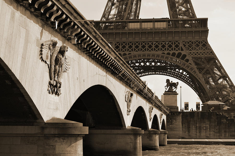 Bridge Arches and Imperial Eagles on Pont dIena below Eiffel Tower Paris France Sepia Photograph by Shawn OBrien