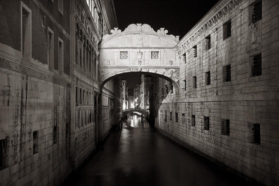 Black And White Photograph - Bridge of sighs in the night by Marco Missiaja