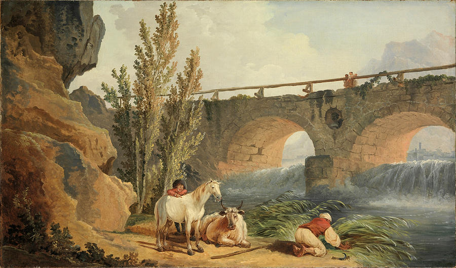 Hubert Robert Painting - Bridge over a Cascade by Hubert Robert