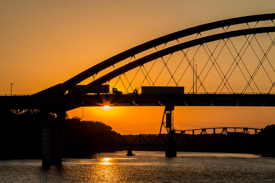 Bridge Sunrise and Two Trucks Photograph by Patti Deters