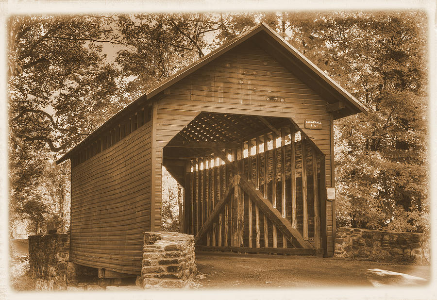 Bridge to the Past - Roddy Road Covered Bridge Over Owens Creek-A1 Sepia Frederick County Maryland Photograph by Michael Mazaika