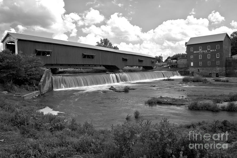 Bridgeton Covered Bridge And Grist Mill Black And White Photograph by Adam Jewell