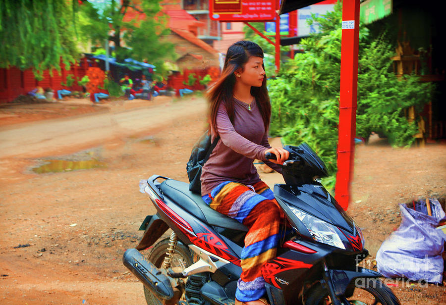 Bright Color Cambodian Woman Scooter  Photograph by Chuck Kuhn