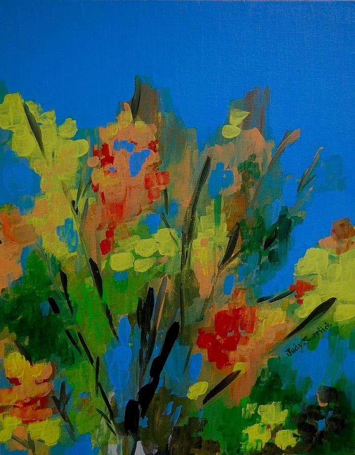Bright Flowers on Blue Painting by Judy Swerlick