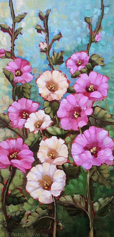 Flower Painting - Bright Hollyhocks by Becky Schultea