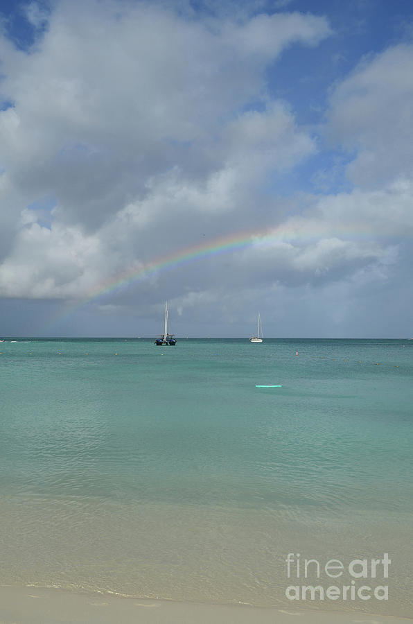 Bright Rainbow Over Two Anchored Boats in Aruba Photograph by DejaVu Designs
