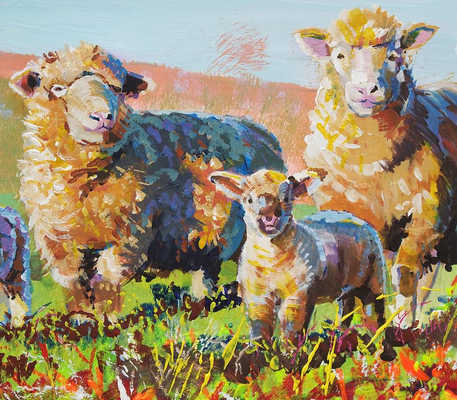 Bright Sheep and Lamb Painting Painting by Mike Jory