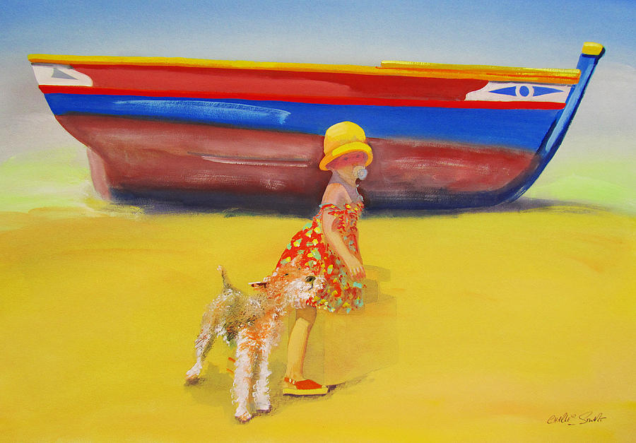 Brightly Painted Wooden Boats With Terrier and Friend Painting by Charles Stuart
