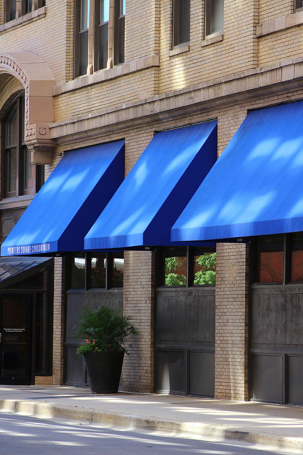 Brilliant Cerulean Blue Awnings in Chicago Photograph by Colleen Cornelius