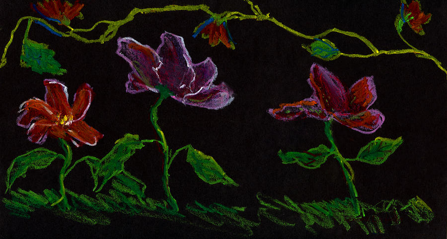 Brilliant Flowers on Black Hand Drawn Painting by Lenora  De Lude