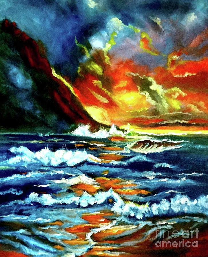 Brilliant Hawaiian Sunset Painting by Jenny Lee