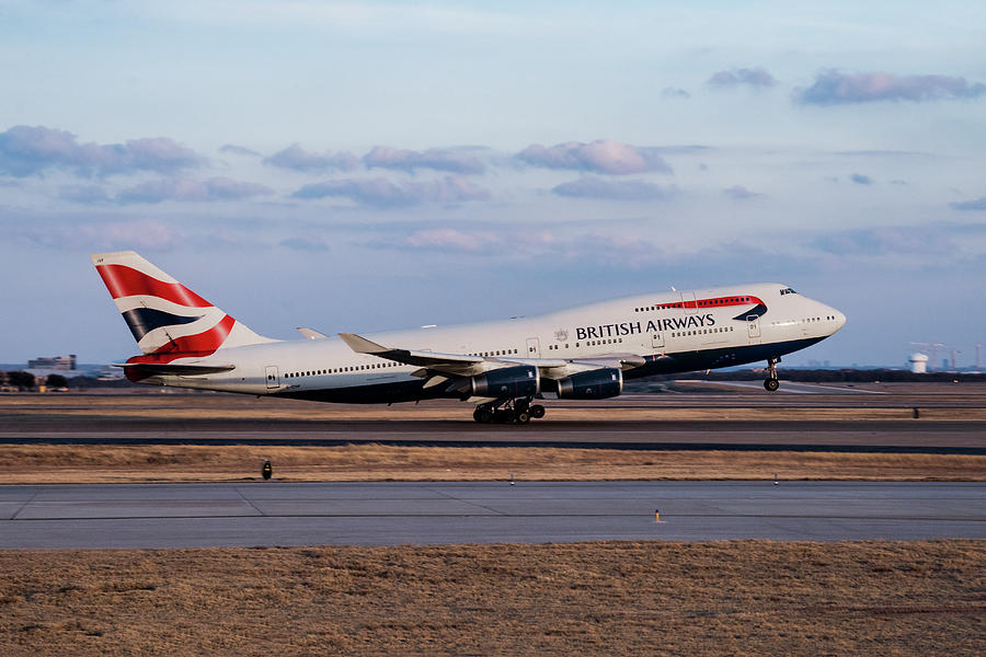 British Airways Boeing 747 taking off from DFW Photograph by Erik Simonsen