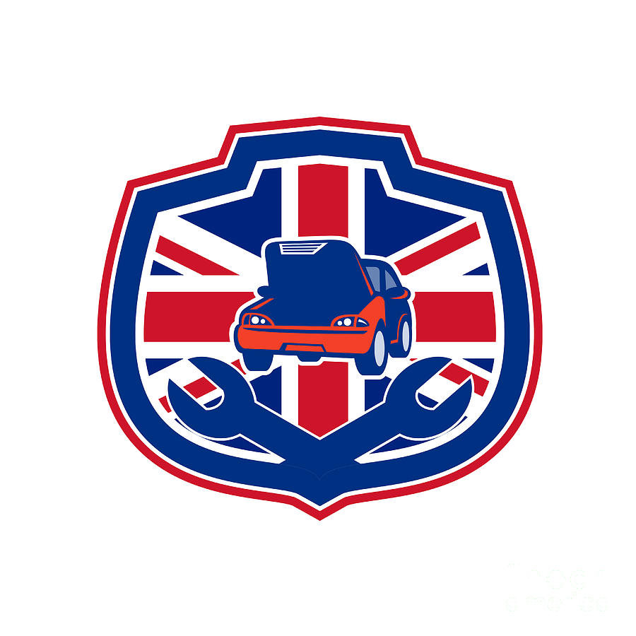 Car Digital Art - British Auto Repair Shop Union Jack Flag Crest by Aloysius Patrimonio