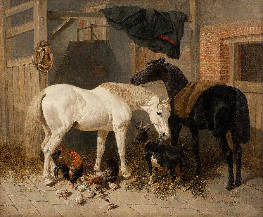 British Barn Interior with Two Horses Painting by John Frederick Herring