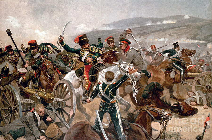 British cavalry charging against Russian forces at Balaclava Painting by Celestial Images