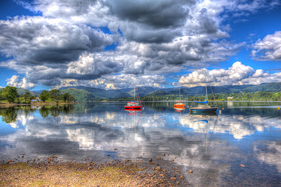 Boat Photograph - British Lake District England UK at Ullswater with sailing boats mountains and clouds by Charlesy 