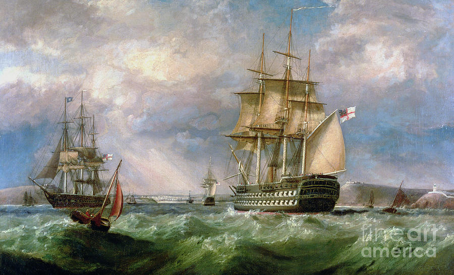 British Men O War Sailing into Cork Harbor  Painting by George Mounsey Wheatley Atkinson