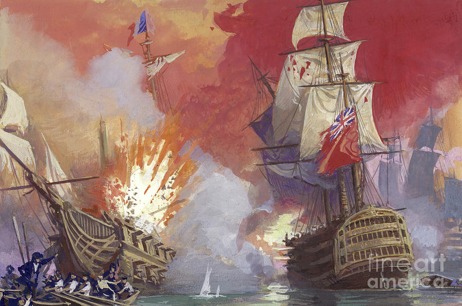 British naval battle with the French during the Napoleonic wars Painting by Severino Baraldi