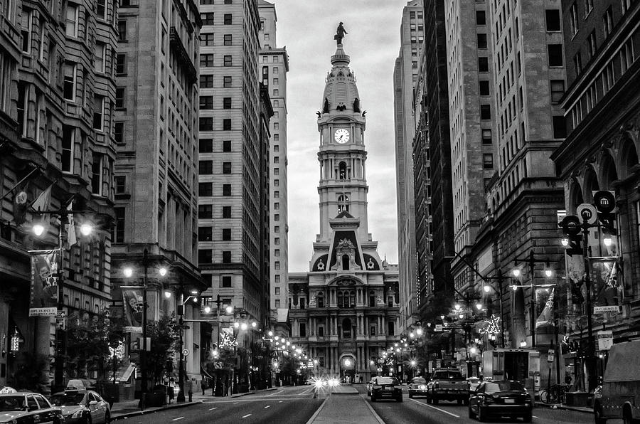 Philadelphia Photograph - Broad Street After Dark - Philadelphia in Black and White by Bill Cannon