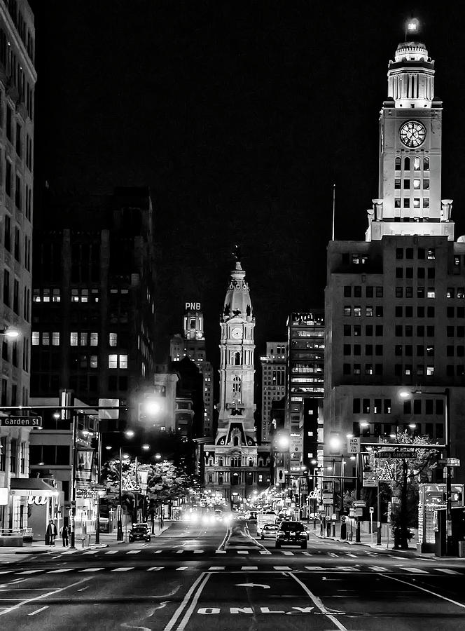 Broad Street at Night - City Hall in Black and White Photograph by Bill Cannon