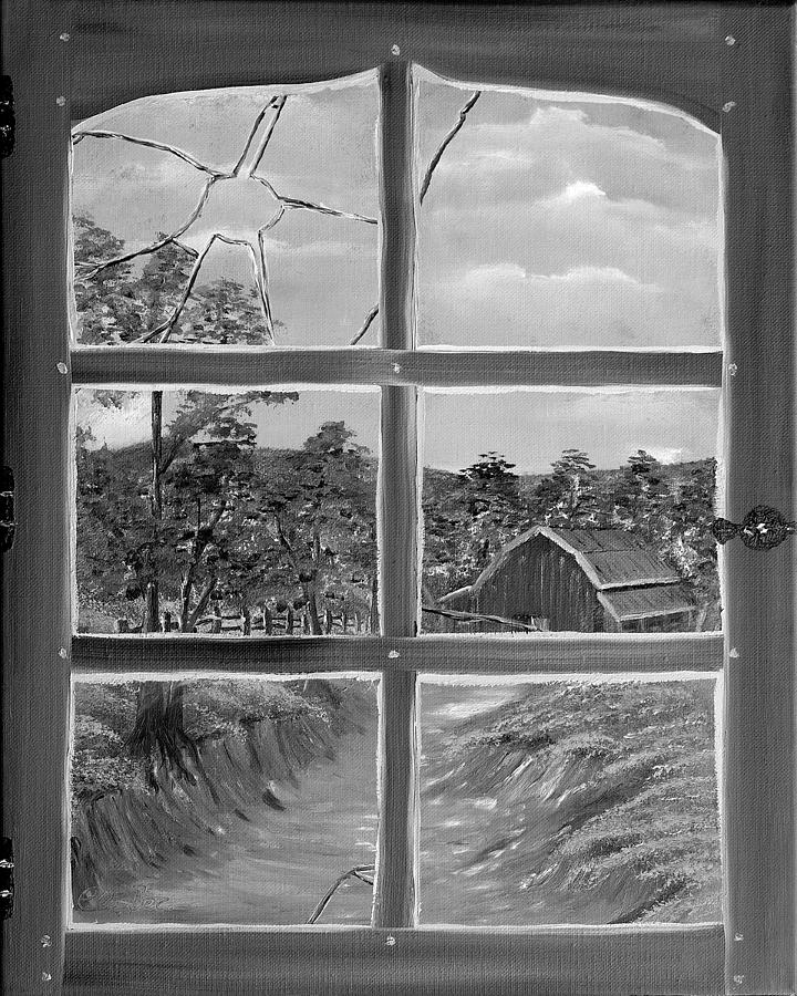Broken Window In Black And White Painting by Claude Beaulac