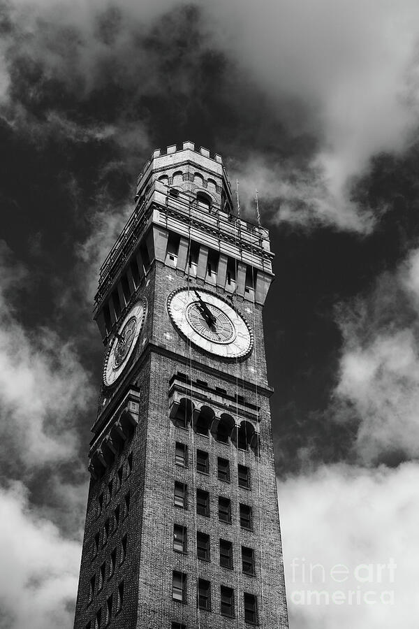 Bromo-Seltzer clock tower in Black and White Baltimore Photograph by James Brunker