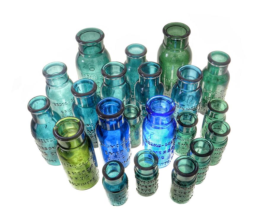 Bromo Seltzer Vintage Glass Bottles Collection - Rare  Green Photograph by Marianna Mills