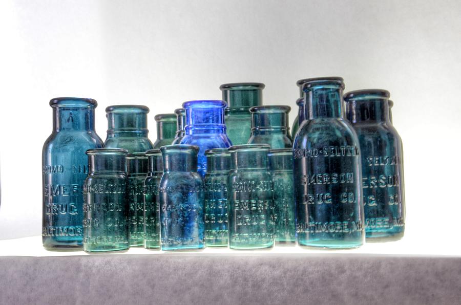 Bromo Seltzer Vintage Glass Bottles Collection - Rare Greens Photograph by Marianna Mills