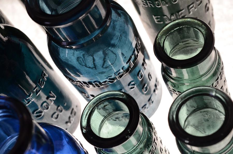 Bromo Seltzer Vintage Glass Bottles - Rare Green And Blue Photograph